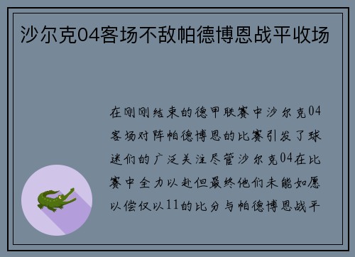 沙尔克04客场不敌帕德博恩战平收场